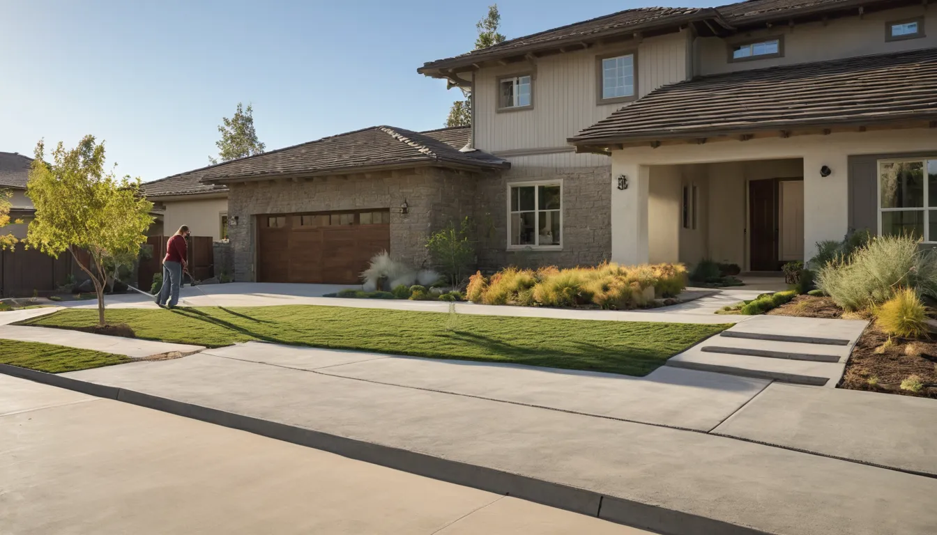 Newly poured concrete driveway in front of a stucco ranch home in Daly City