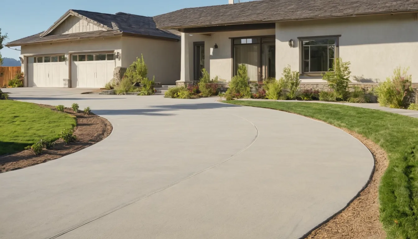A new concrete driveway in front of a stucco ranch home in Daly City