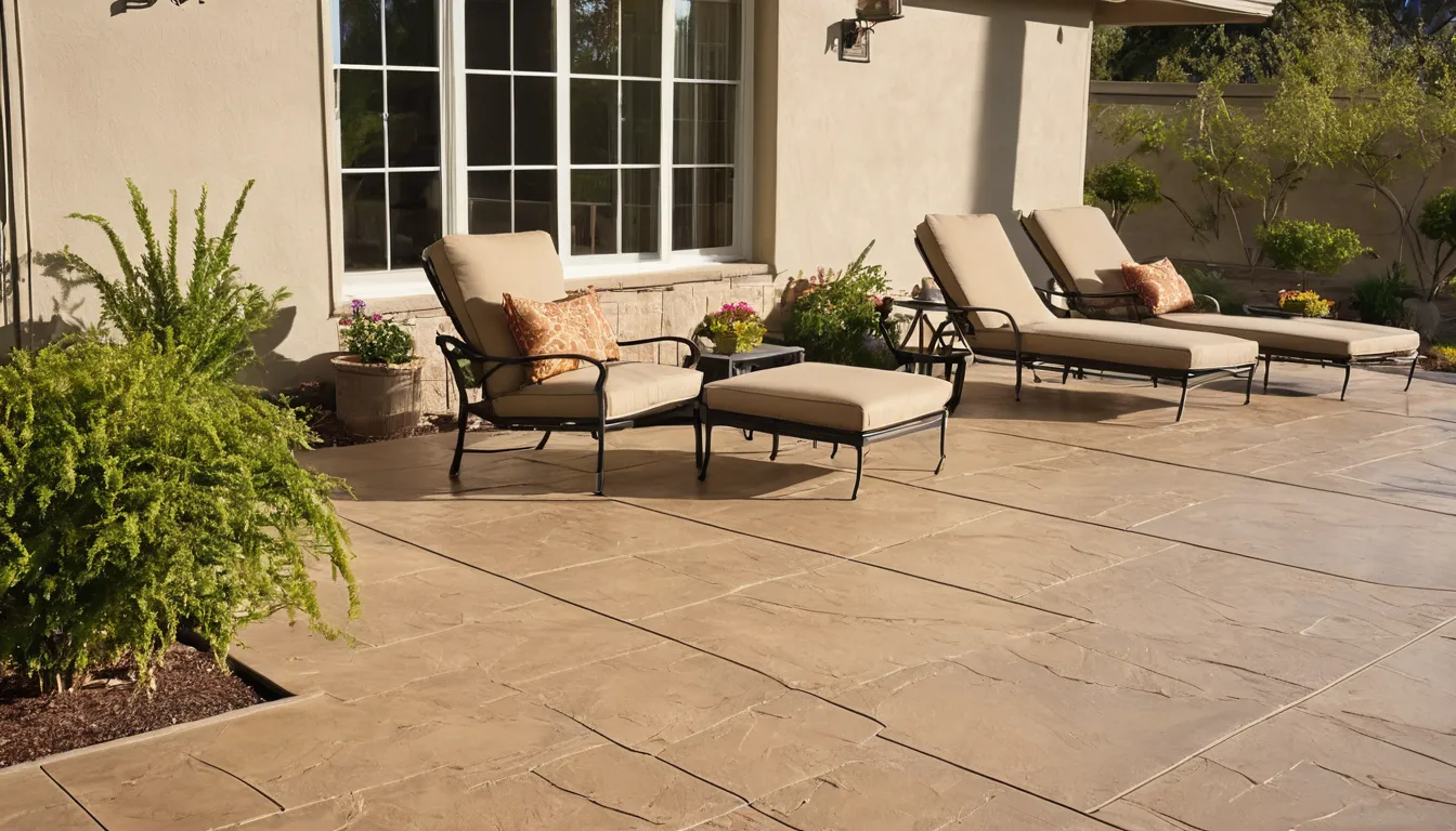 Finished stamped concrete patio with a slate pattern behind a stucco ranch home in Daly City